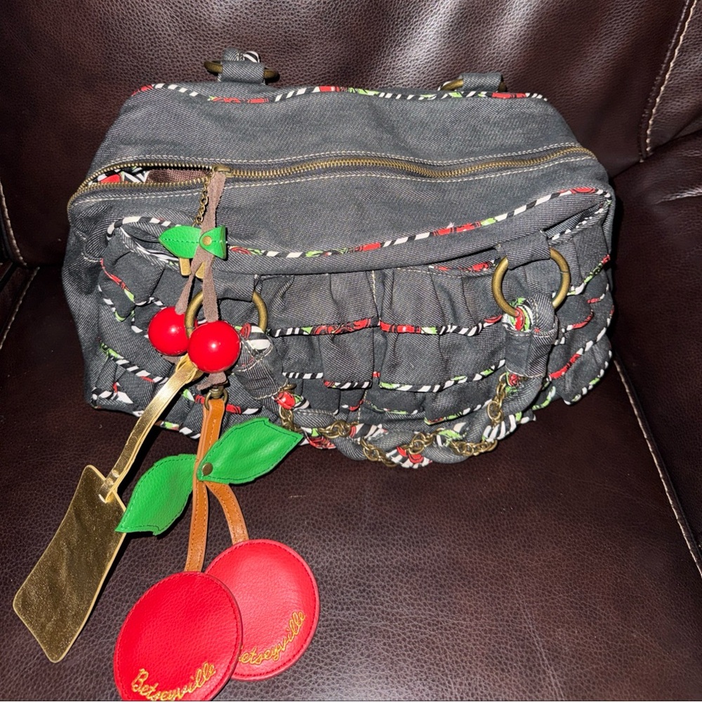 Betsey Johnson large charms Cherries VTG rare denim purse